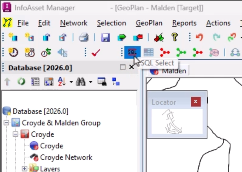 The top-left corner of the InfoAsset Manager interface, with the SQL Select tool highlighted in blue as it is being clicked.