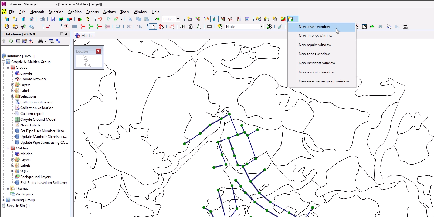 The top-left corner of the InfoAsset Manager interface, with the GeoPlan active and the New assets window tool being selected from the Asset Grid Windows toolbar.