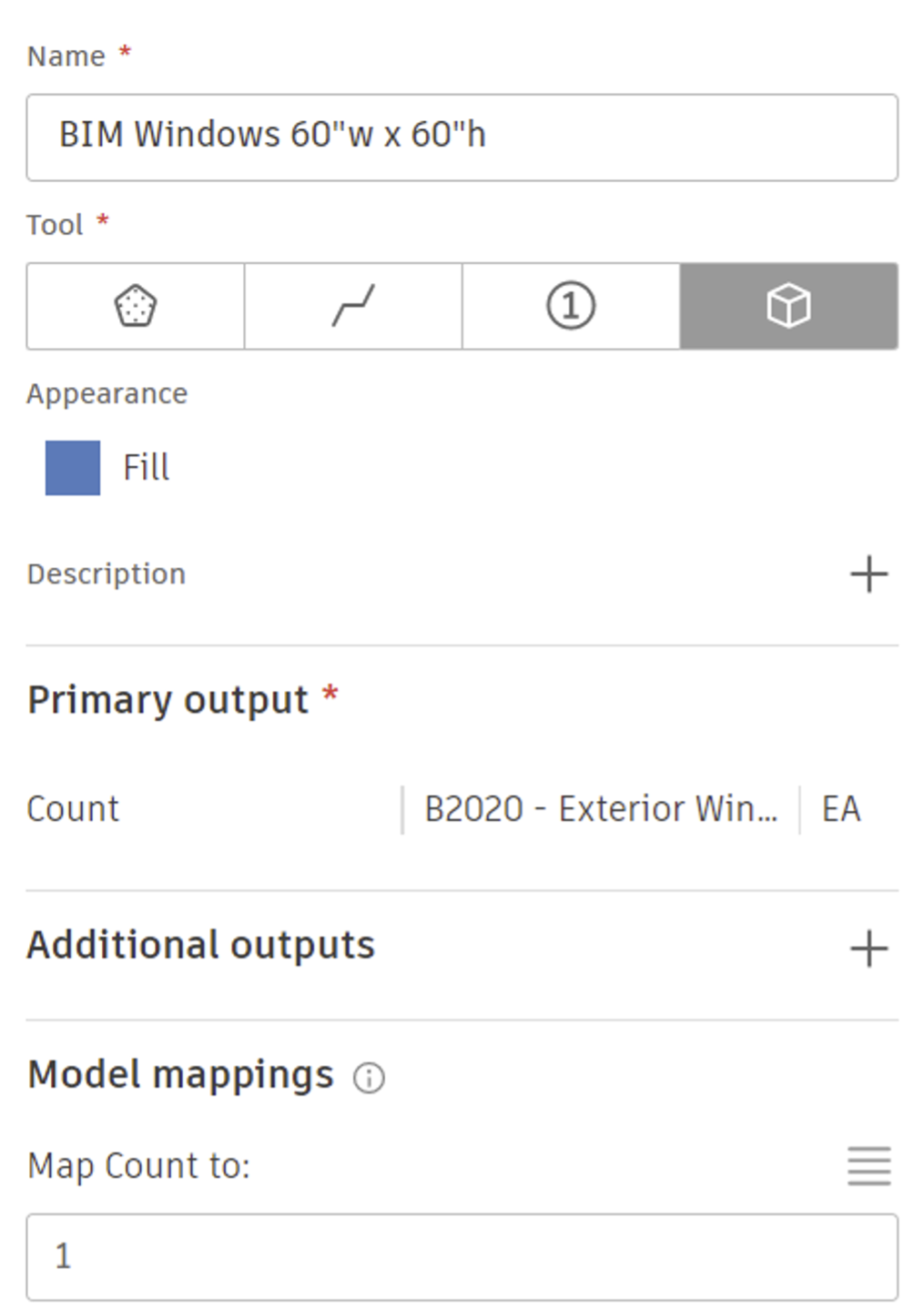 The Create Takeoff Type dialog showing results of Step 1, takeoff by count for windows.