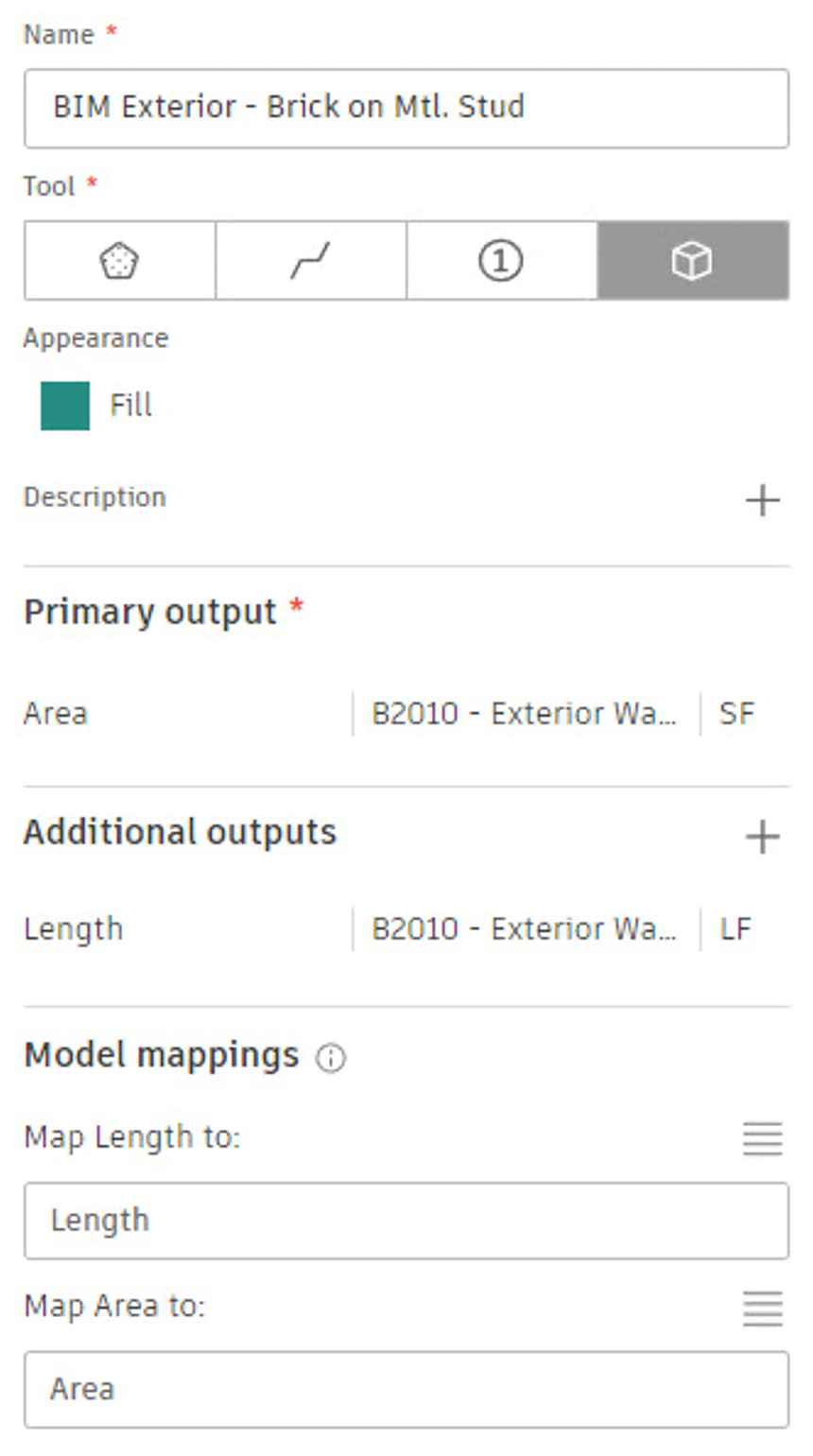 The Create Takeoff Type dialog showing results of Step 3, takeoff by area and length for the exterior.