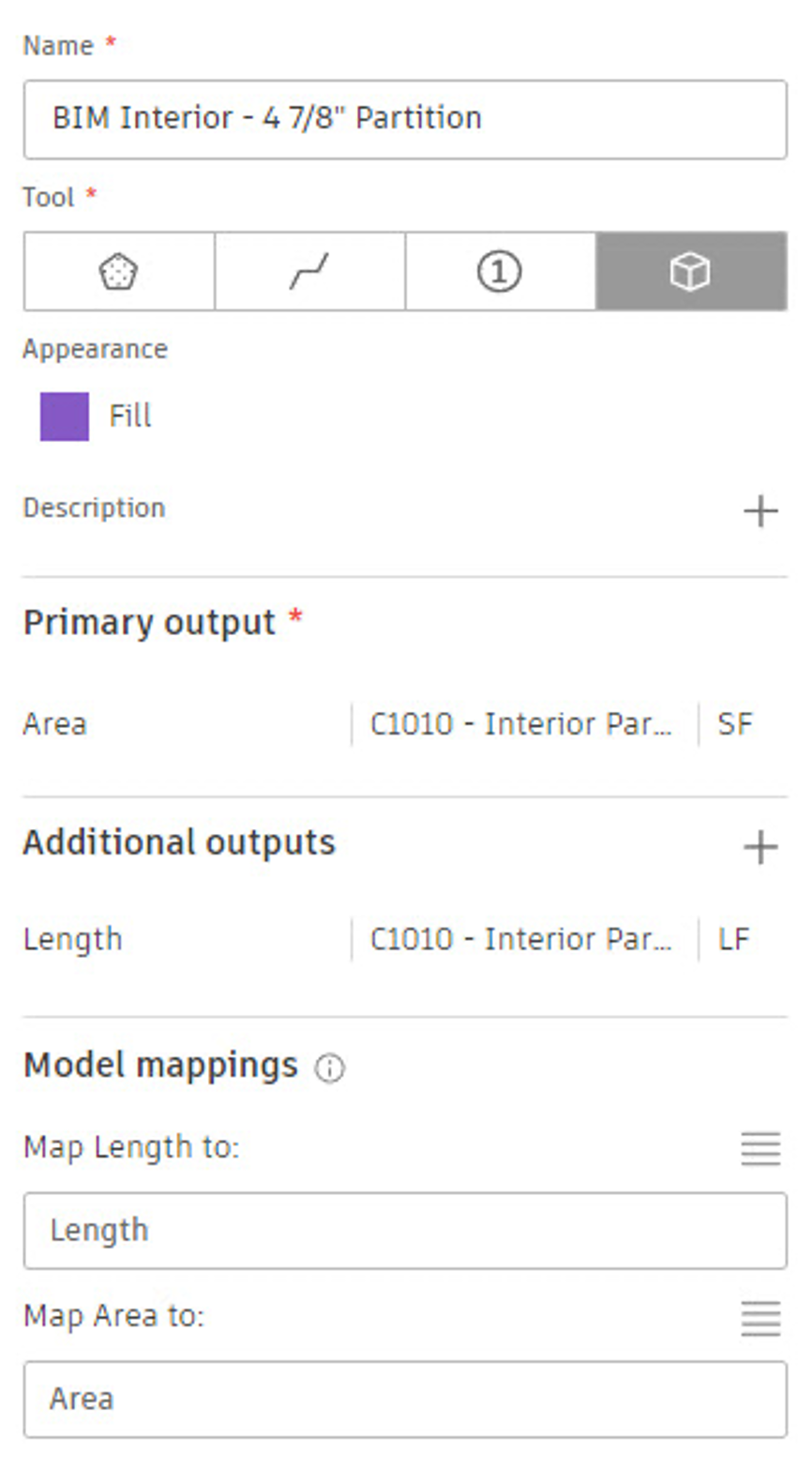 The Create Takeoff Type dialog showing results of Step 4, takeoff by area and length for the partition.