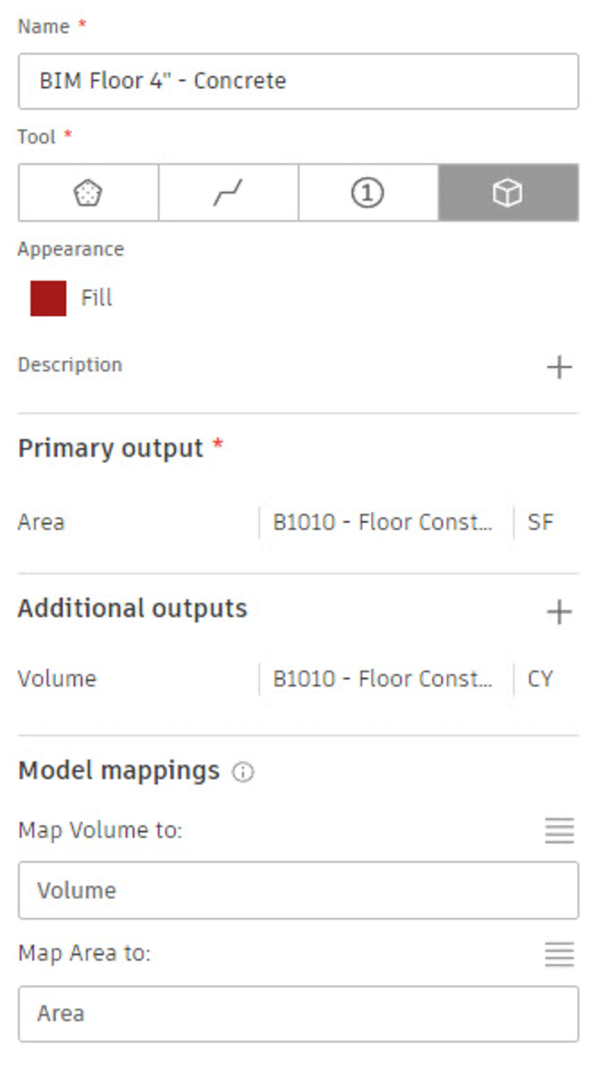 The Create Takeoff Type dialog showing results of Step 1, takeoff by area and length for the concrete floor.