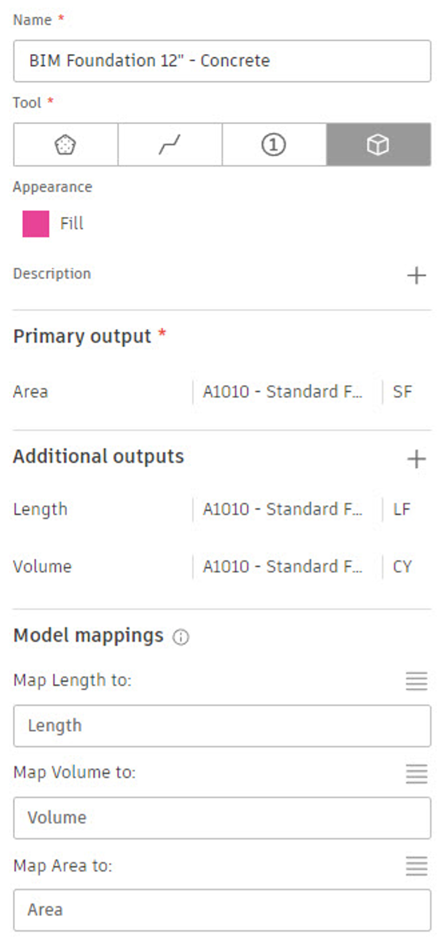 The Create Takeoff Type dialog showing results of Step 2, takeoff by area, length, and volume for the foundation.