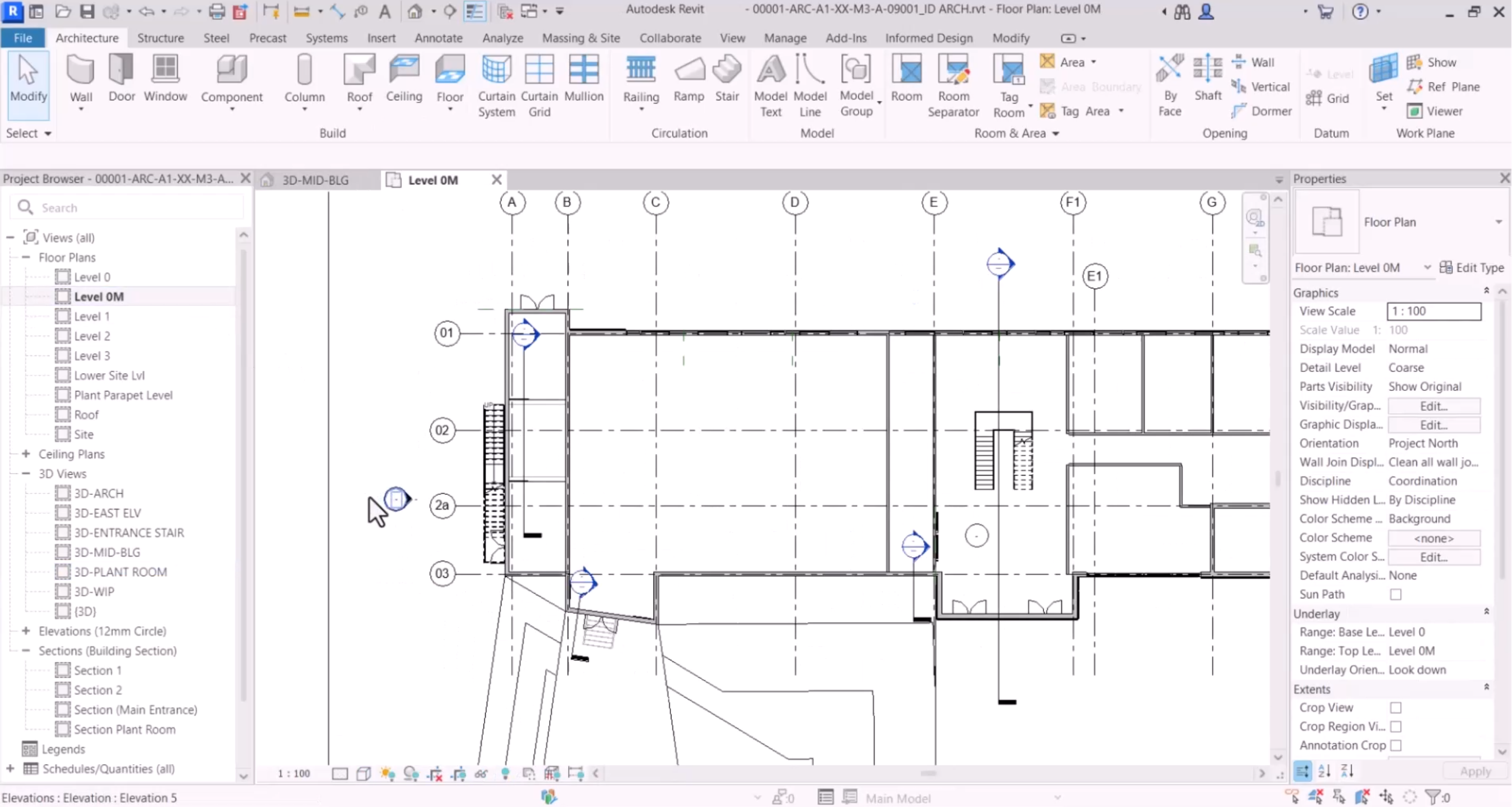 In the Revit interface, an example building model where staircases and balconies need to be added into a room.