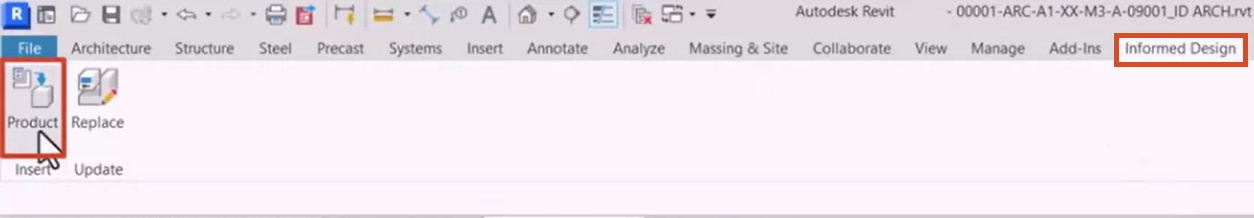 In Revit, the Informed Design tab highlighted on the ribbon, and the Product tool highlighted.
