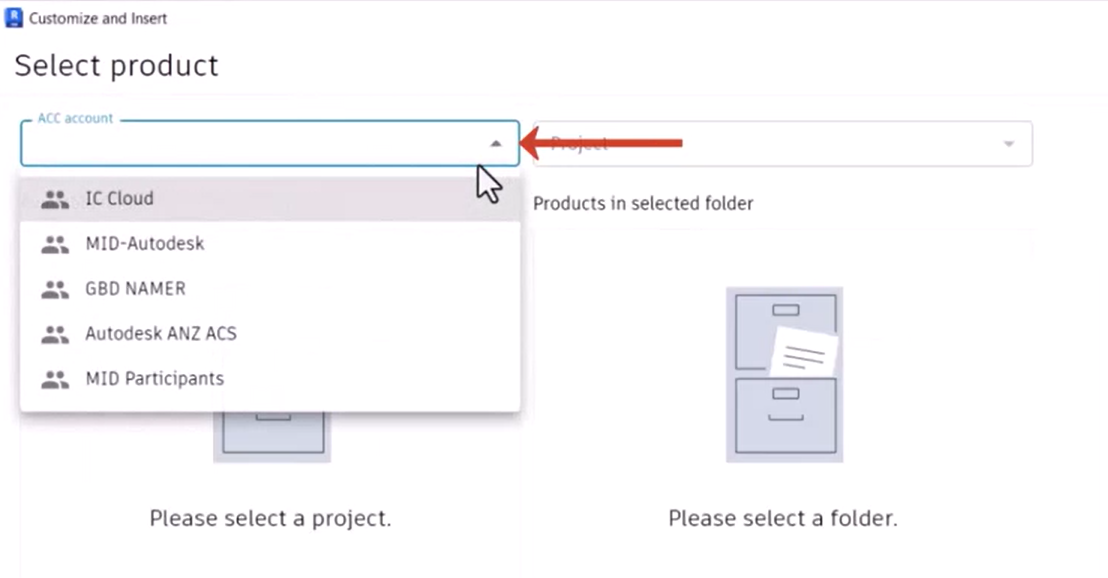 The Customize and Insert dialog box, with the ACC Account drop-down expanded.