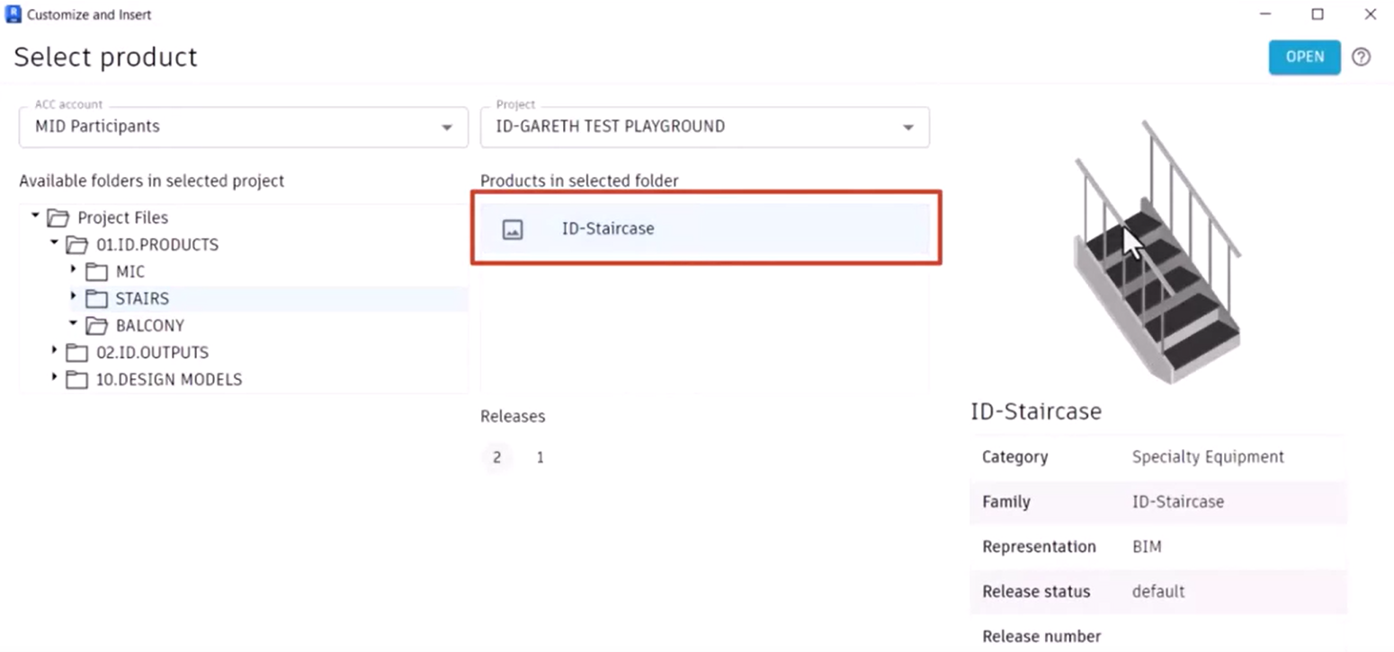 In the Customize and Insert dialog box, the Stairs folder selected and the ID-Staircase product definition selected, with the thumbnail and product details shown.
