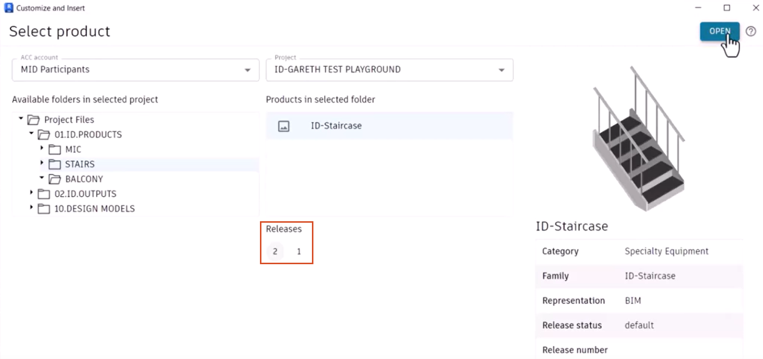 In the Customize and Insert dialog box, the available Releases highlighted and the pointer clicking the Open button.