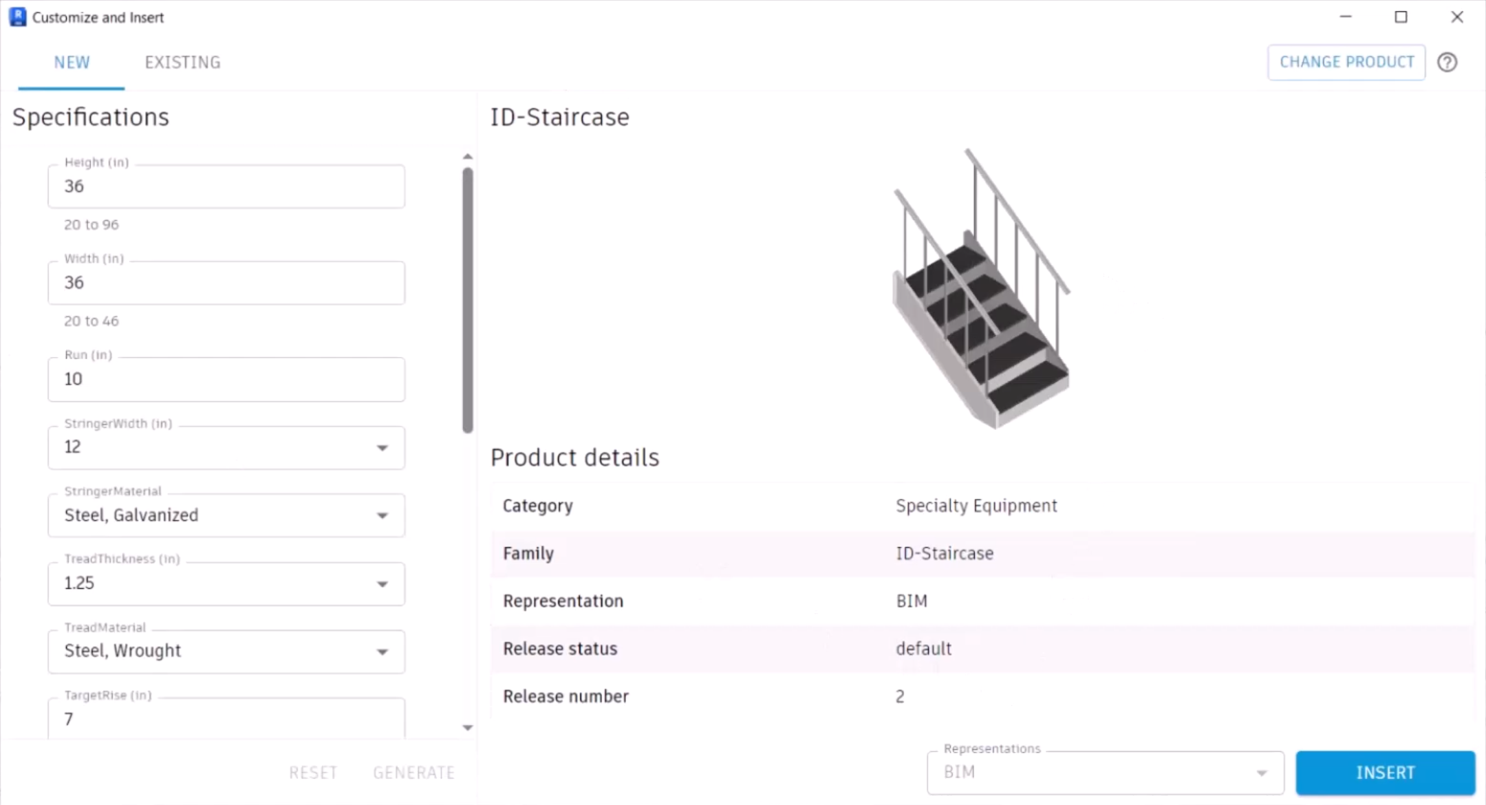 In the updated Customize and Insert dialog box, New and Existing tabs, with the New tab open to show the Specifications as well as the thumbnail and product details.