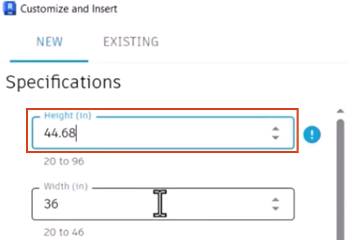 On the New tab of the Customize and Insert dialog box, the updated Height value highlighted, with the Height and Width restrictions displayed below each parameter.