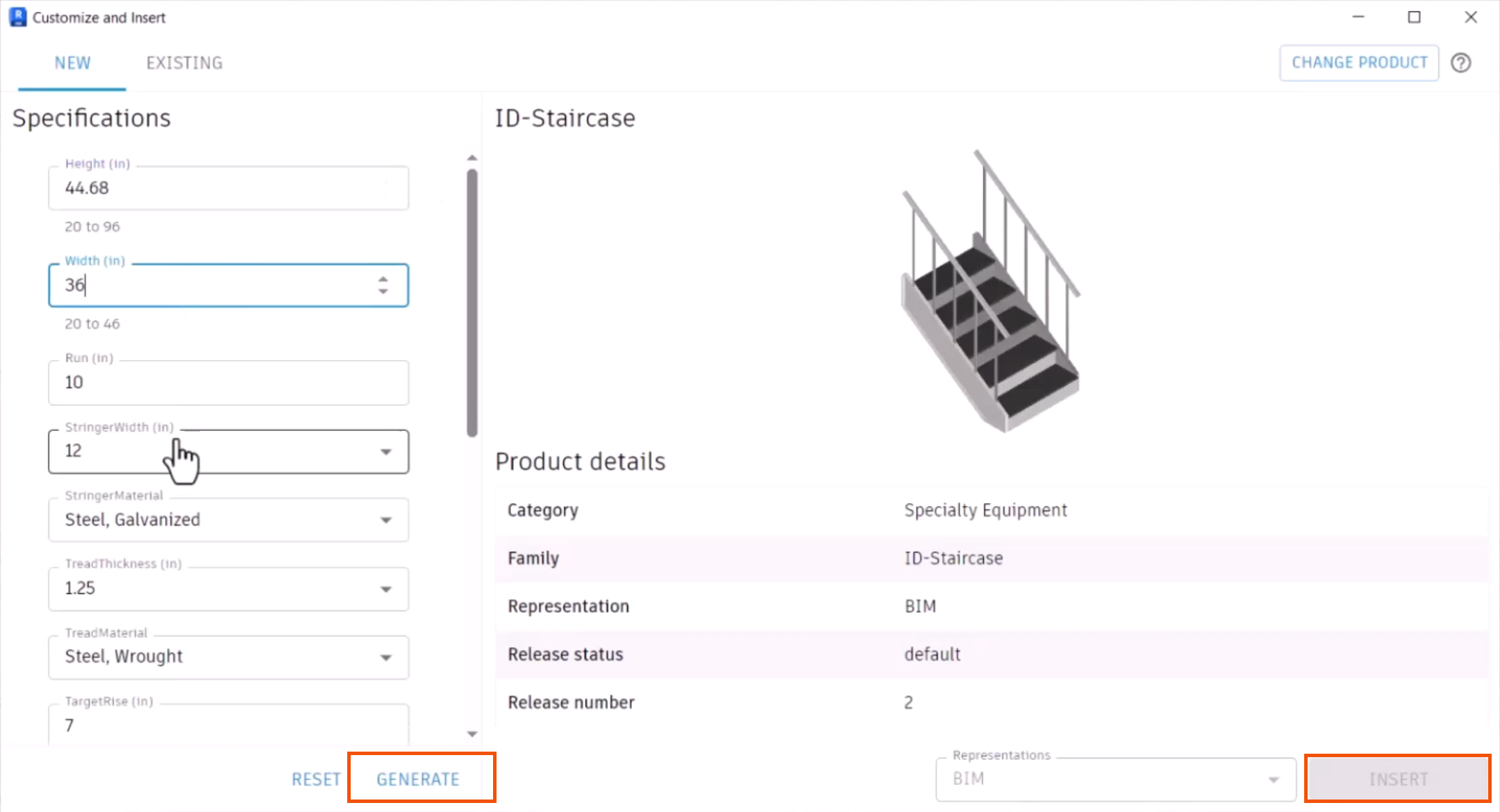 In the Customize and Insert dialog box, the unavailable Insert button and the Generate button highlighted in red.