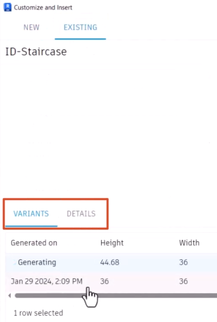 On the Existing tab of the Customize and Insert dialog box, the Variants and Details tabs highlighted.