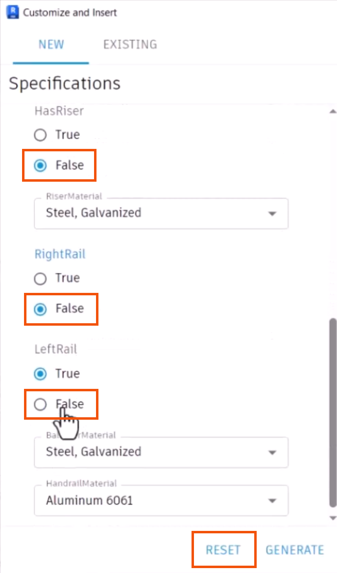 The Reset button highlighted and False highlighted for the HasRiser, RightRail, and LeftRail.