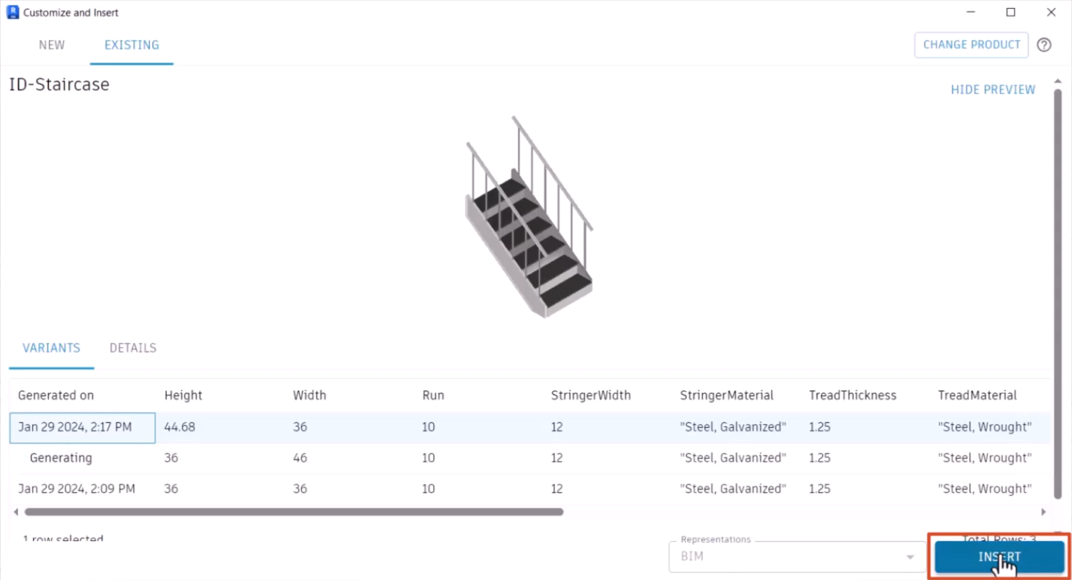On the Existing tab, on of the Variants selected and the Insert button being clicked.