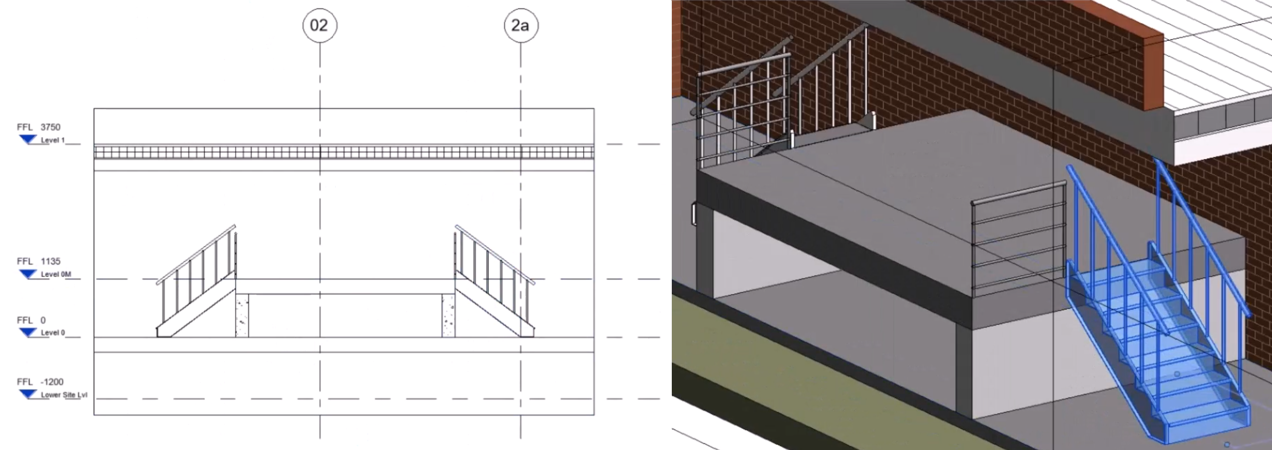 On the left, the section view of the inserted staircase in Revit. On the right, the 3D view of the inserted staircase.