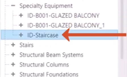 Within the Families folder in the Project Browser, Specialty Equipment expanded, with the ID-Staircase definition called out.