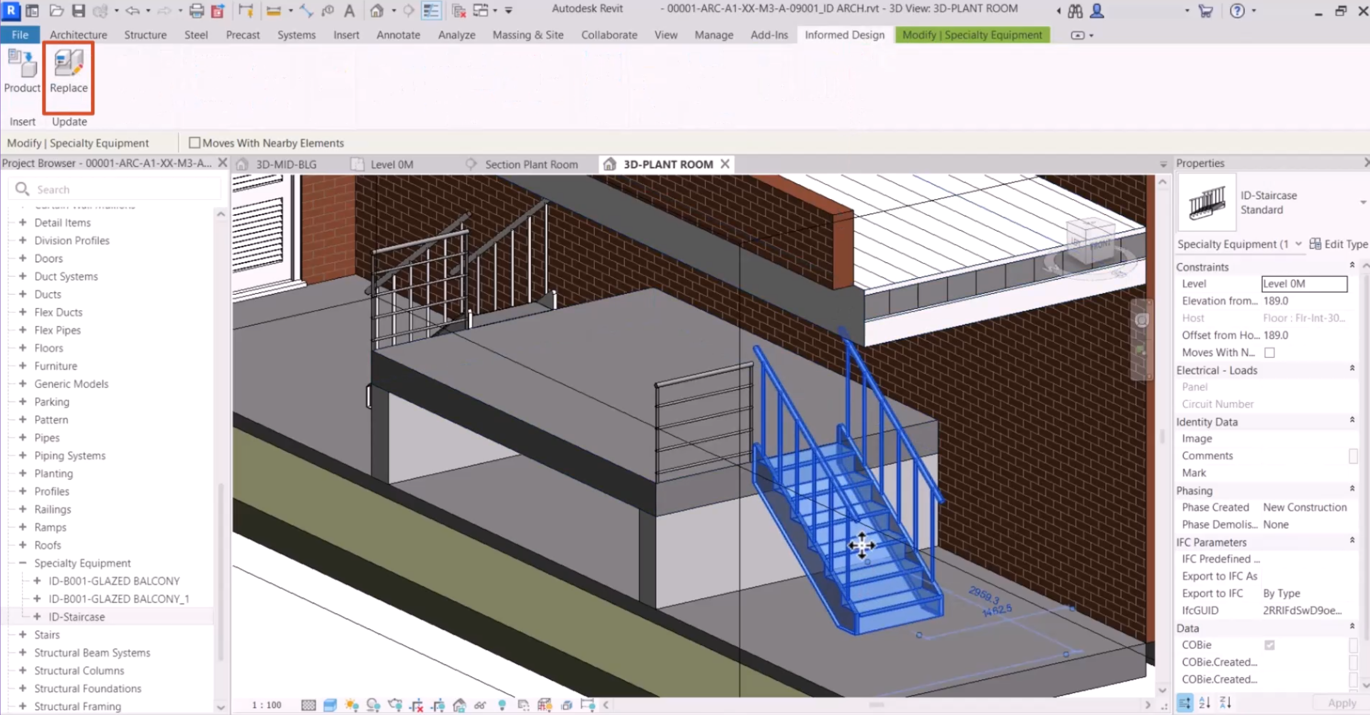 In the Revit interface, the staircase selected in the 3D model view, and on the Informed Design tab of the ribbon, Replace highlighted.