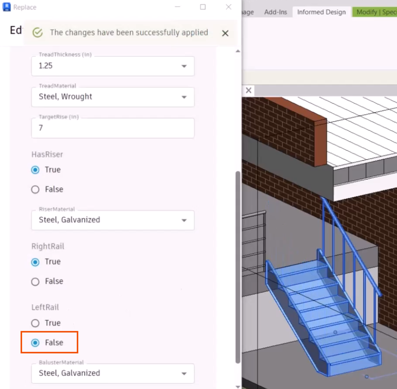 In the Customization Form, or Replace dialog box, False selected and highlighted for the LeftRail, and in the 3D view, the updated staircase variant with no left railing.