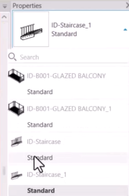 In the Properties window for the staircase assembly, the Specialty Equipment family expanded, with the original instance of the staircase being selected.