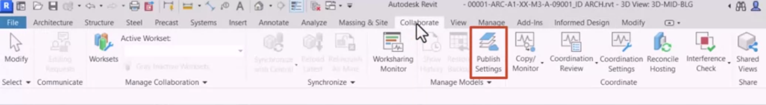 The Revit ribbon, with the Collaborate tab active, and the Publish Settings option highlighted in the Manage Models panel.