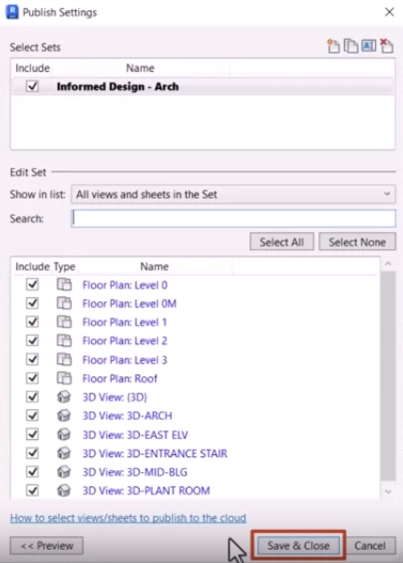 The Publish Settings dialog box, with sets, types, and views selected, and Save & Close highlighted.