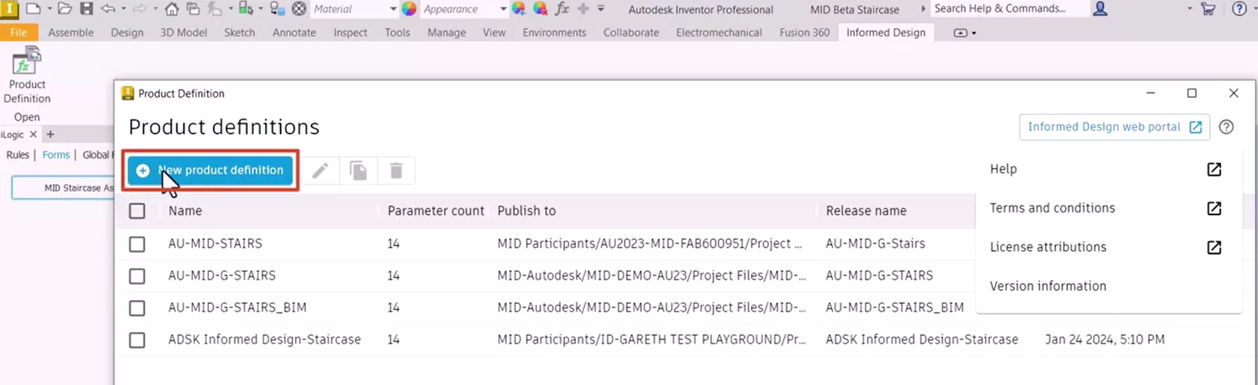 In the background, the Inventor interface with the Informed Design tab selected, and in the open Product Definition dialog box, New product definition being selected.