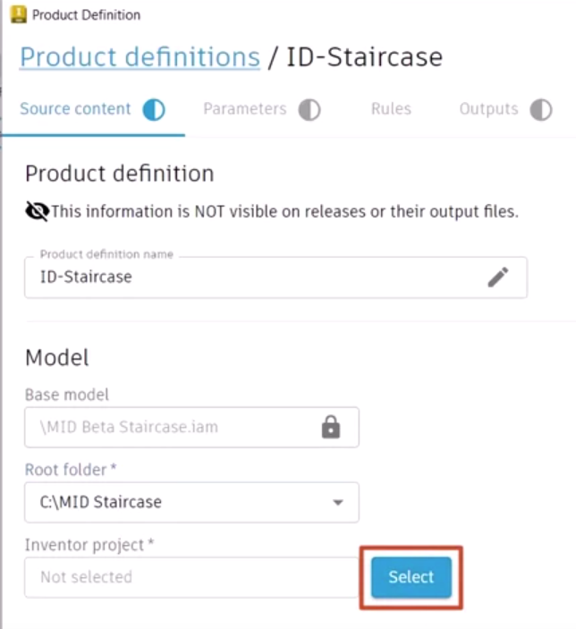 On the product definition Source content tab, the Product definition name, Base model, and Root folder identified, and the Select button highlighted next to Inventor project.