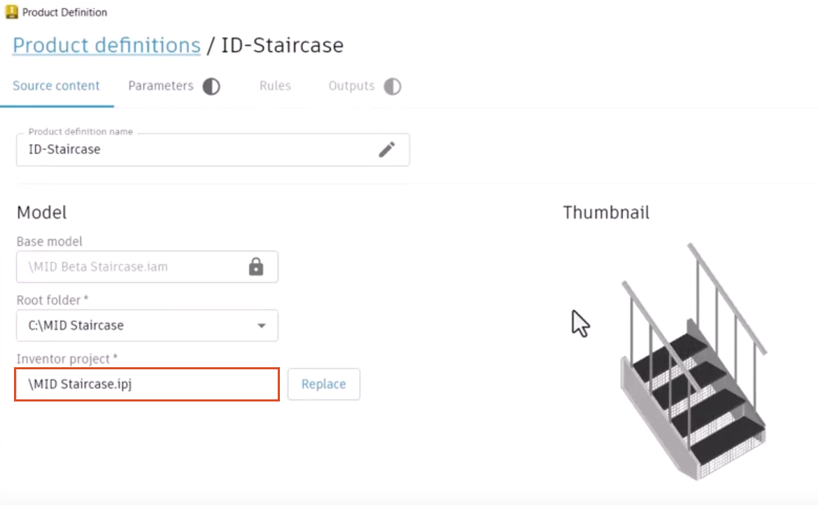 On the Source tab, the Inventor project added to the product definition and the thumbnail view of the Inventor model displayed.