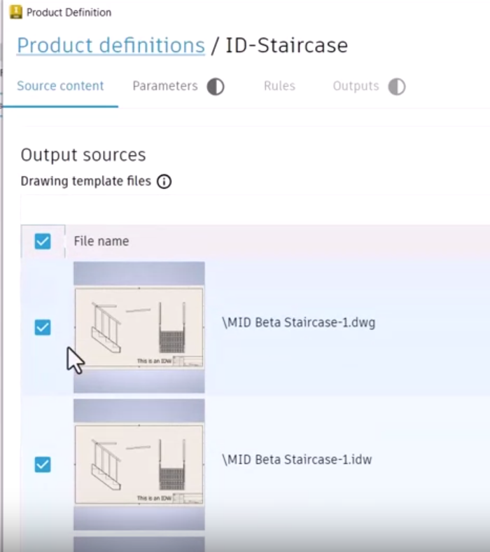 The Source content scrolled down to Output sources with the appropriate files selected.