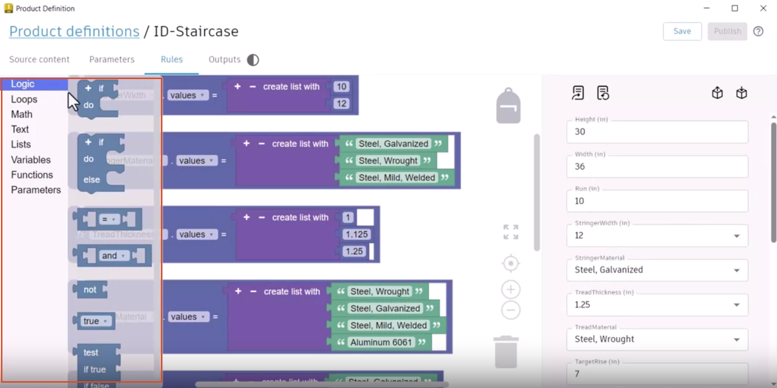 In the Informed Design product definition workspace, Rules tab, the Logic category of blocks expanded and highlighted, and constraints defined in the canvas.