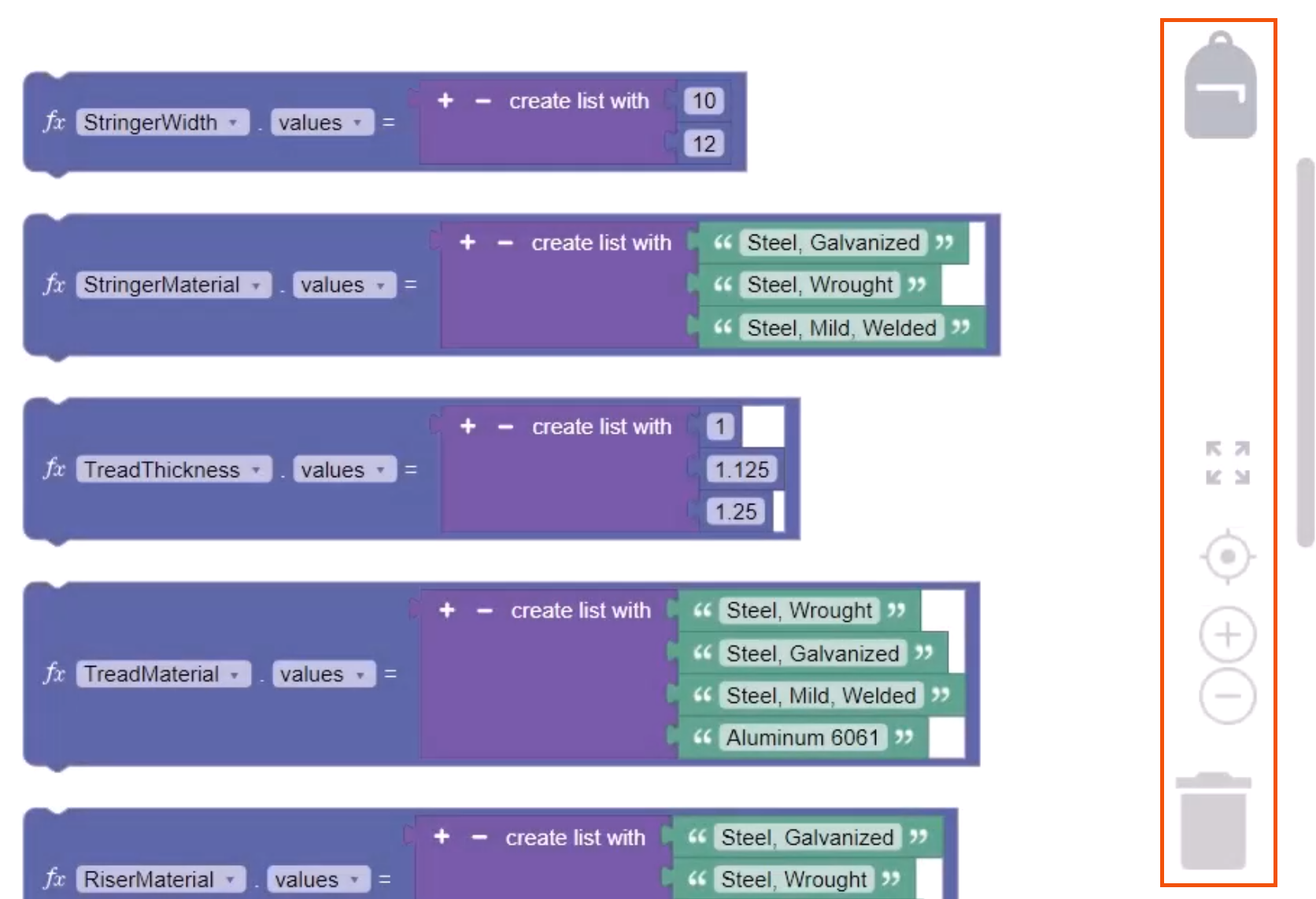 The canvas area of the Rules workspace, with constraints defined, and with the navigation tools, the receptable icon, and the backpack highlighted.