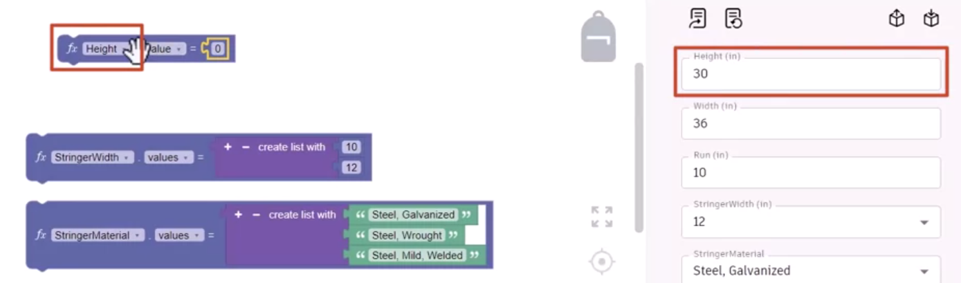 The Height block highlighted in the canvas and the corresponding field highlighted in the Form.