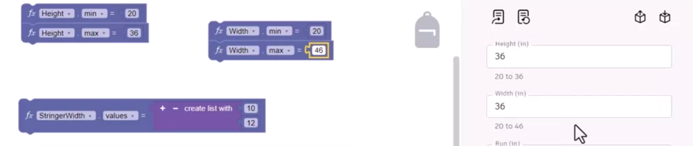 In the canvas, two Width blocks created with a min and max for the parameter, and in the updated form, the min and max displayed below the Width input field.