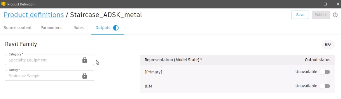 The Product Definition opened to the Outputs tab, with the Revit Family Category and Family Name shown.