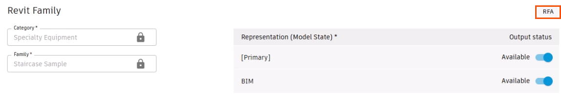 The Representation options, with the [Primary] and BIM representations set to Available, and the Revit Family output type, RFA, highlighted in red.