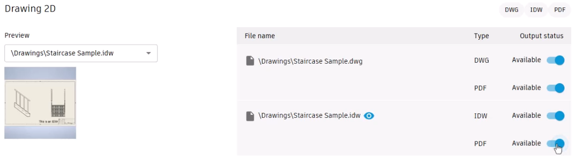 The options for the Drawing 2D outputs shown, with DWG and PDF set to Available for the .dwg file, and IDW and PDF set to Available for the .idw file.