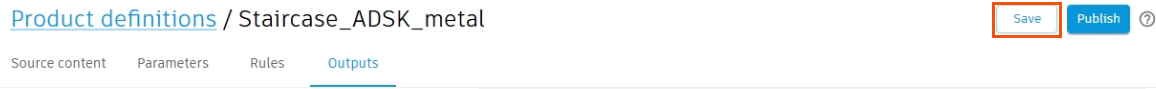On the Outputs tab, the Save button highlighted red, with Publish shown next to it.