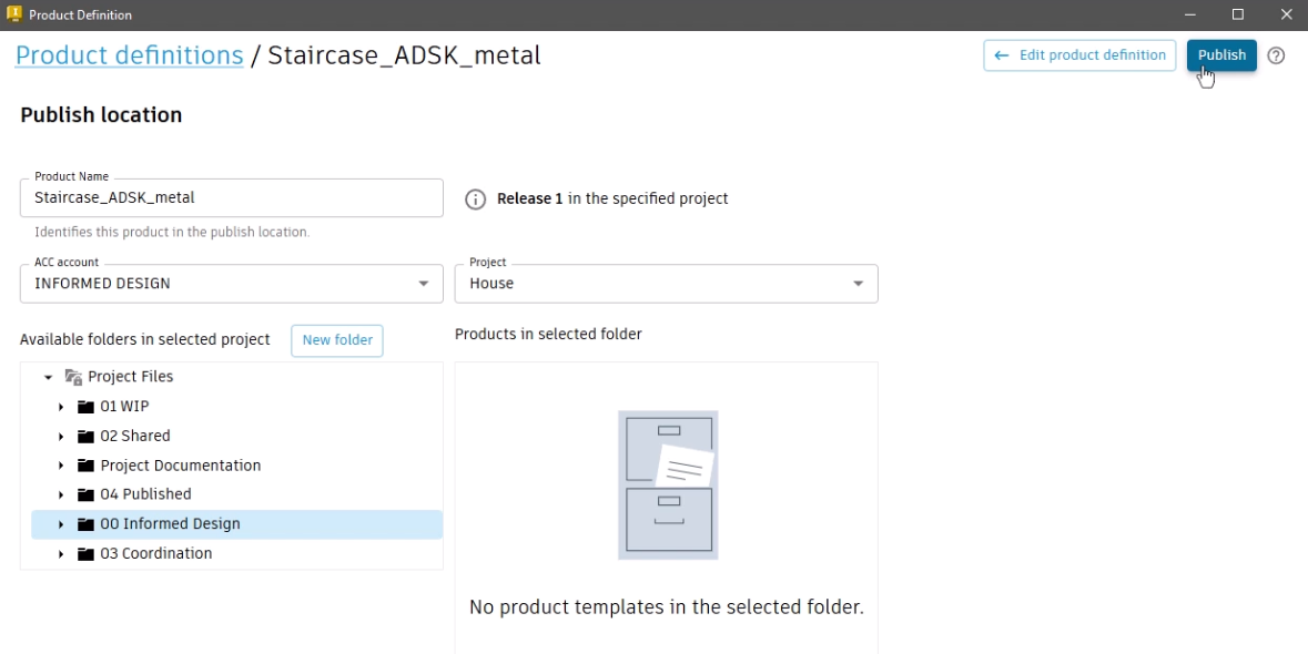 The Product Definition dialog box updated to show the release details and Publish location information.