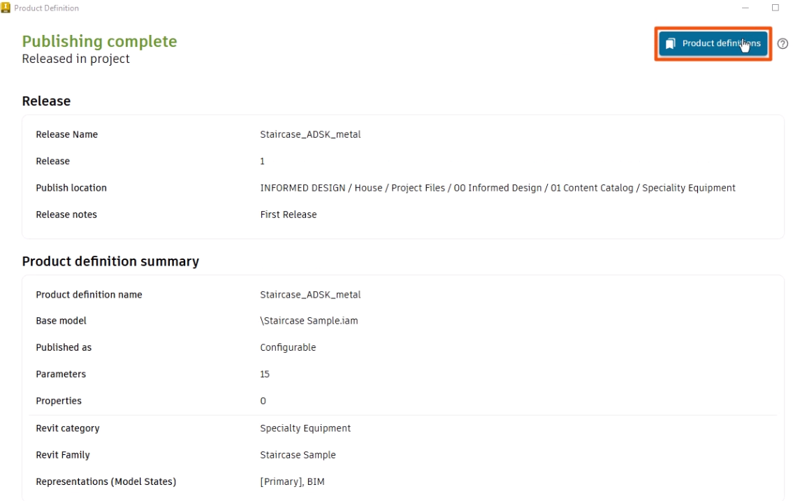 The confirmation that Publishing is complete, with the Product definitions button highlighted in red.