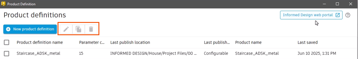 The new Staircase definition included in the Product definitions list and the Edit, Duplicate, and Delete tools highlighted in red.
