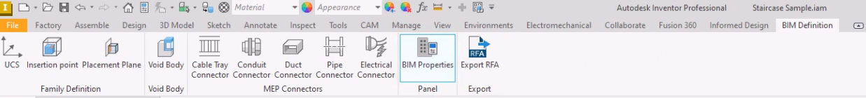 The BIM Definition tab and BIM Properties panel selected in Inventor.