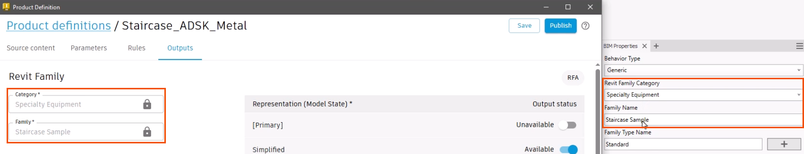 The Revit Family Category and Family Name highlighted in red in the BIM Properties panel, and the corresponding fields highlighted in red in the Product definition.