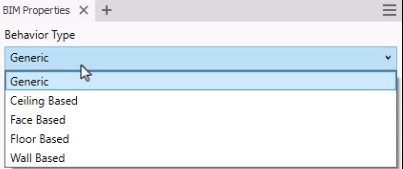 In the BIM Properties, the Behavior Type drop-down expanded with Generic selected.