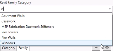 The Revit Family Category drop-down expanded with Windows selected.