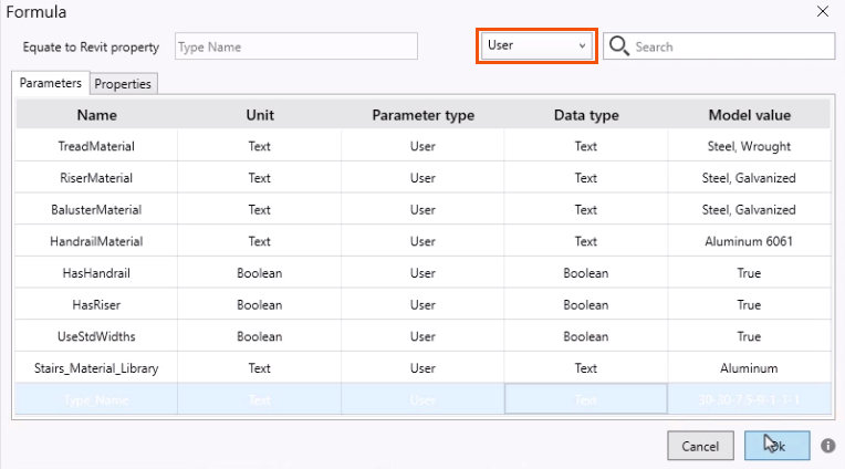 The Formula dialog box with User highlighted in red, and Type_Name selected in the Parameters tab.