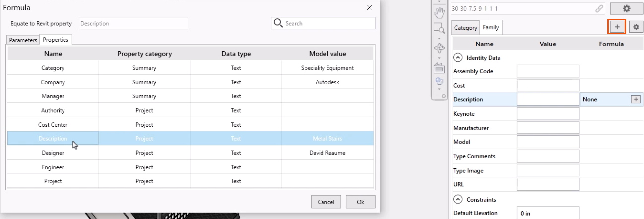 In two side-by-side images, on the right, in Family properties, Description selected, with Add highlighted in red; and on the left, the Properties tab of the Formula dialog box, with the corresponding iProperty, Description, selected.