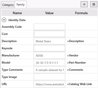 In Family properties, Description, Manufacturer, Model, Type Comments, and URL all mapped to their corresponding iProperty fields, with the corresponding iProperty Value populated.