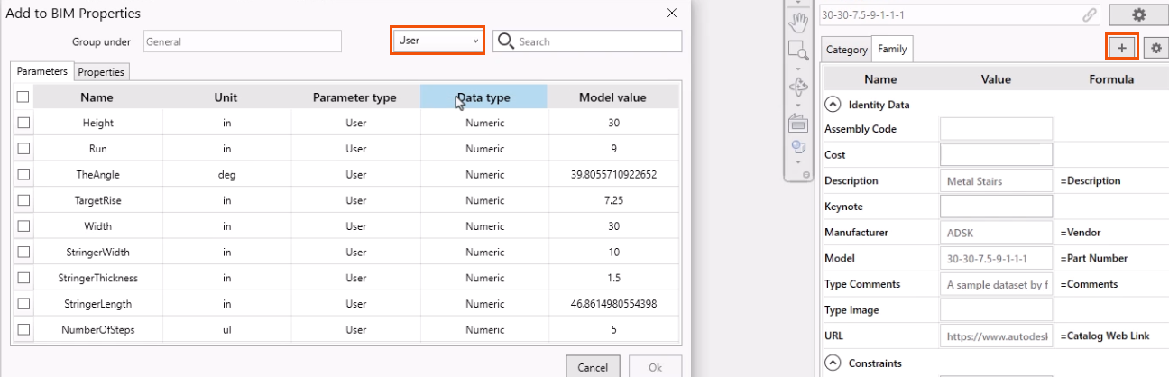 In Family properties, Add highlighted in red to add custom data fields. In the Add to BIM Properties dialog box, User highlighted in red in the Parameters tab.