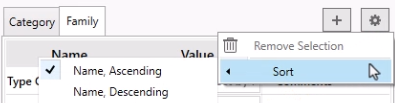 For Family properties, in the Settings drop-down, Sort selected, and in the flyout, options to sort by Name in Ascending or Descending order.