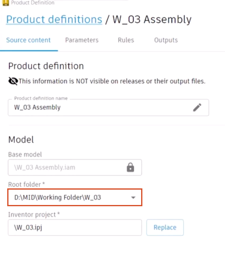 In the Informed Design interface, the product definition Source content tab, with the Root folder highlighted.